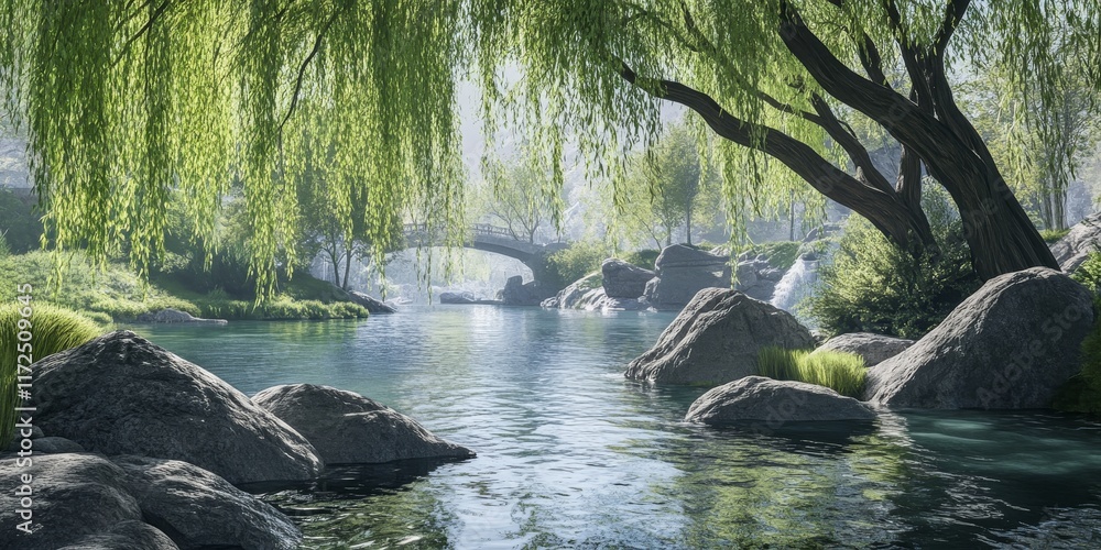Aufkleber serene riverside scenery featuring stunning rocks and graceful weeping willow trees, creating a capt