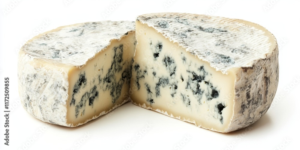 Poster blue cheese displayed in isolation on a white background, highlighting the texture and rich color of