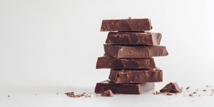 Close up of a stack of delicious chocolate pieces isolated on a white background, showcasing the rich texture and tempting appearance of chocolate pieces for dessert lovers.