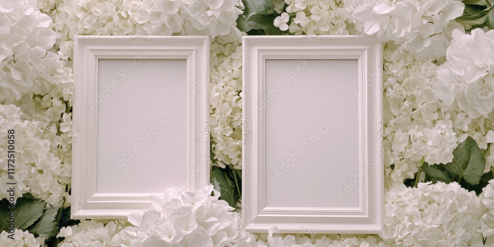 Poster two empty frames set against a backdrop of white flowers, creating a perfect canvas for showcasing y