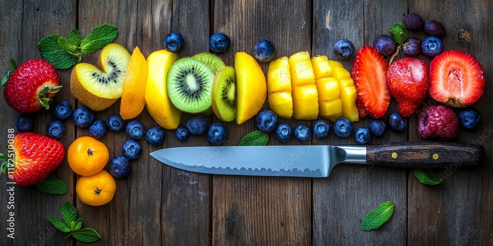 Poster assorted fruits arranged with a knife on a wooden background, showcasing the vibrant colors and text
