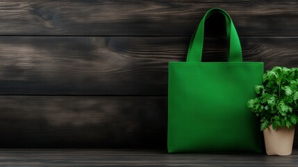A vibrant green reusable tote bag positioned next to a potted herb plant on a rustic wooden background