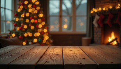 Wooden tabletop in foreground of a defocused living room with a Christmas tree adorned with lights, a fireplace with a warm fire and Christmas stockings, concept of Christmas background
