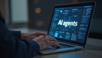 Person using laptop with AI agents screen on display, business and agentic ai technology concept, dark moody atmosphere