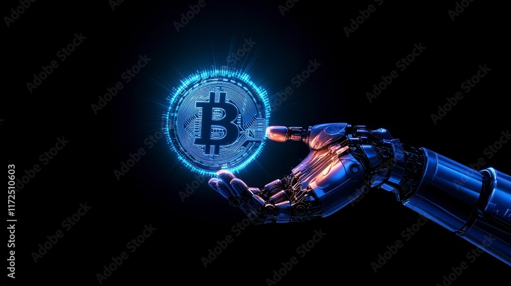 Poster a futuristic robotic hand holding a glowing bitcoin symbol surrounded by digital elements in a dark 