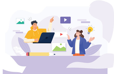 A motion graphics design illustration for professionals, depicting dynamic visuals with flowing shapes, vibrant colors, and digital elements © doo