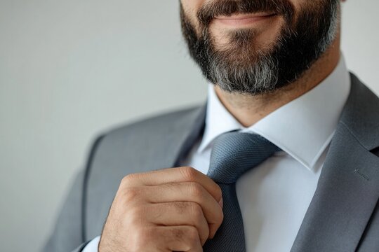 Confident man adjusting tie, showcasing professionalism and atte