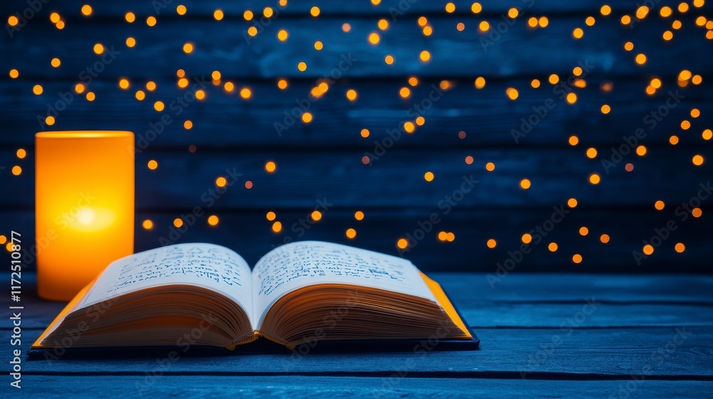 Poster an open book lying on a wooden table illuminated by a soft glowing candle and surrounded by shimmeri