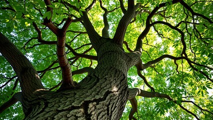 Majestic tree canopy: a low-angle view of a large tree with lush green leaves in sunlight, showing the texture of the bark and the strength of the branches.