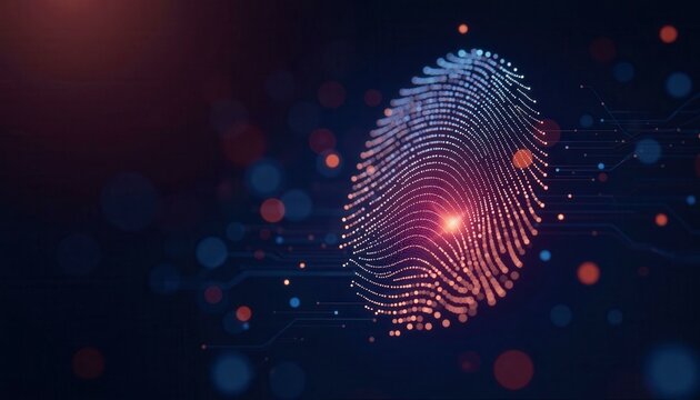 Digital fingerprint with glowing particles depicting security identification and biometric technology, futuristic digital interface and personal access control systems