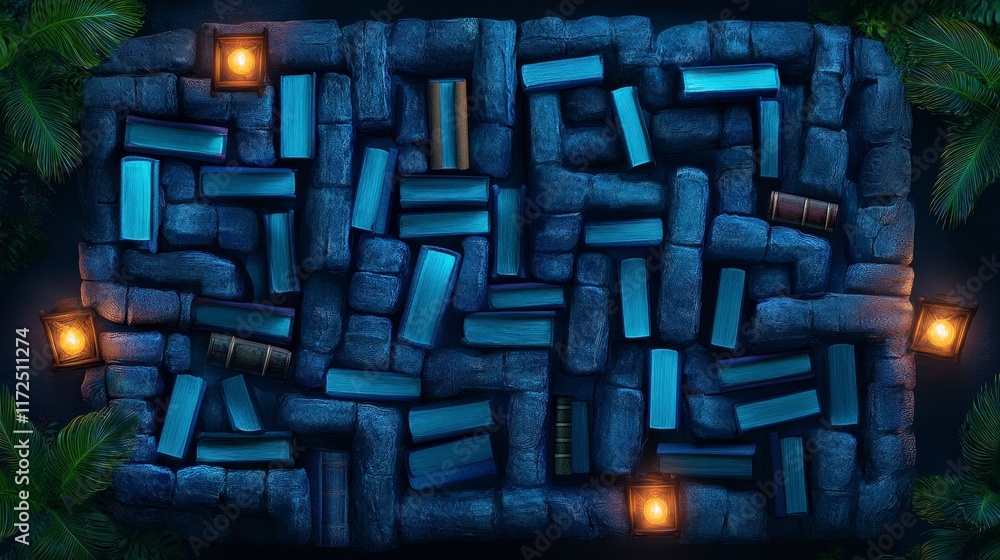 Poster a mesmerizing aerial view of an intricate book maze, surrounded by lanterns and lush greenery, creat