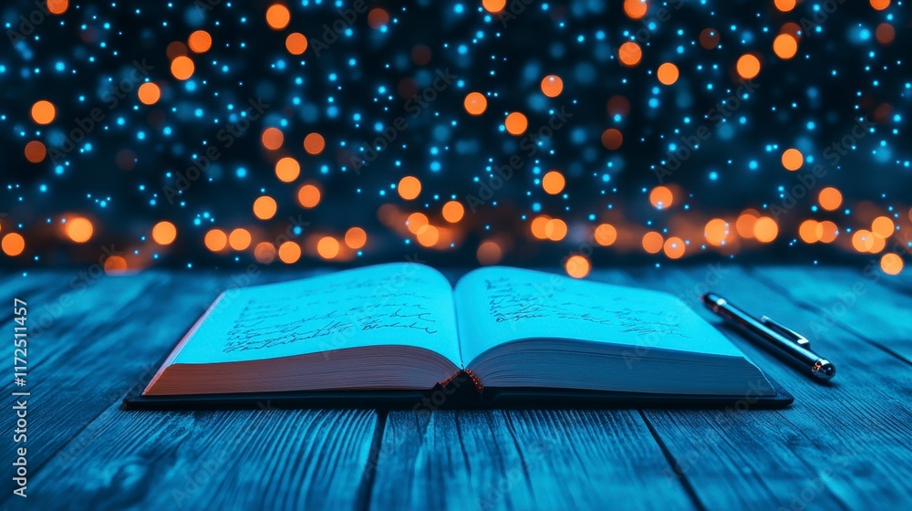 Aufkleber an open book with handwritten notes on a rustic wooden table, illuminated by soft bokeh lights in th
