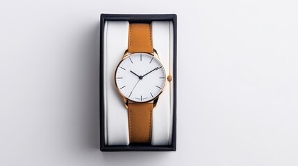 Elegant Round Watch with Brown Leather Strap in Luxury Gift Box on White Background for Fashion and Accessory Photography