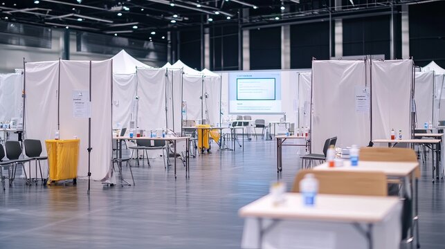 Empty Vaccination Center with Rows of Chairs and Tables, Large Digital Screen Displaying Information, Minimalistic Design with Ample Copy Space