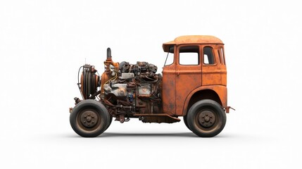 Fototapeta premium Vintage Rusty Truck with Exposed Engine in Profile View, Showcasing Old-Fashioned Design and Weathered Texture Perfect for Retro and Industrial Themes