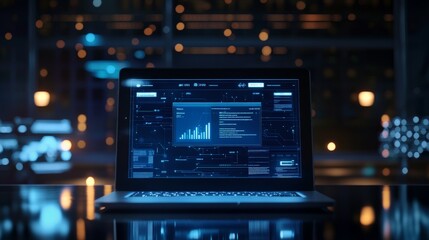 High-tech data analysis interface on laptop screen in dimly lit modern office