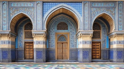 Obraz premium Ornate Blue Tile Mosque Entrance With Three Arched Doors