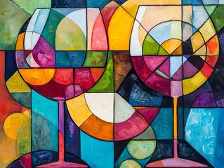 Fototapeta premium An abstract cubist painting depicts wine glasses using geometric shapes and vibrant colors