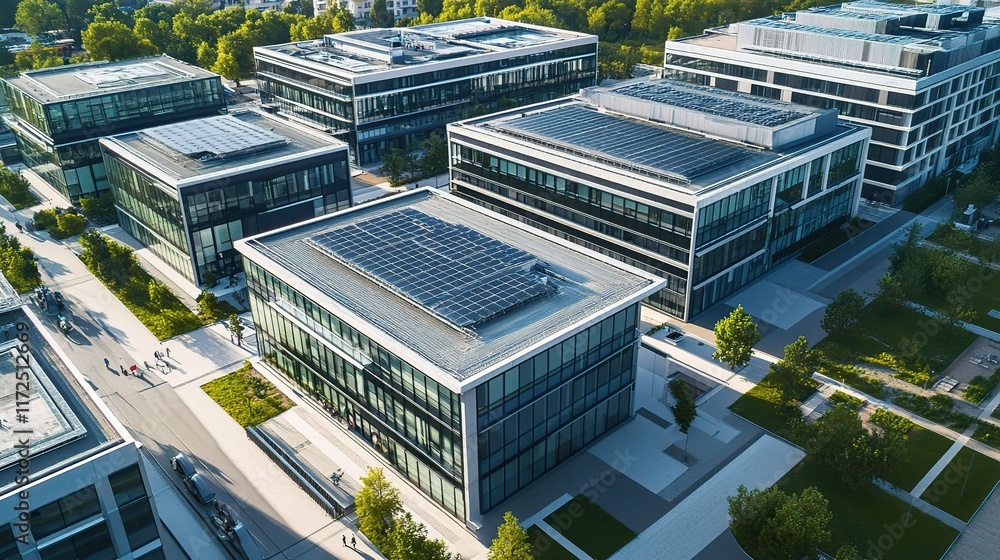 Poster aerial view of modern office complex featuring green architecture