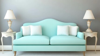 Light teal sofa with white pillows in a living room.