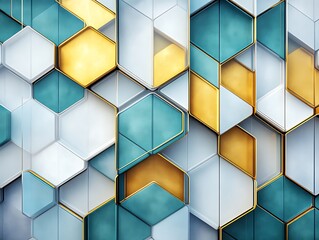Abstract 3D hexagon pattern in gold, teal, and white.