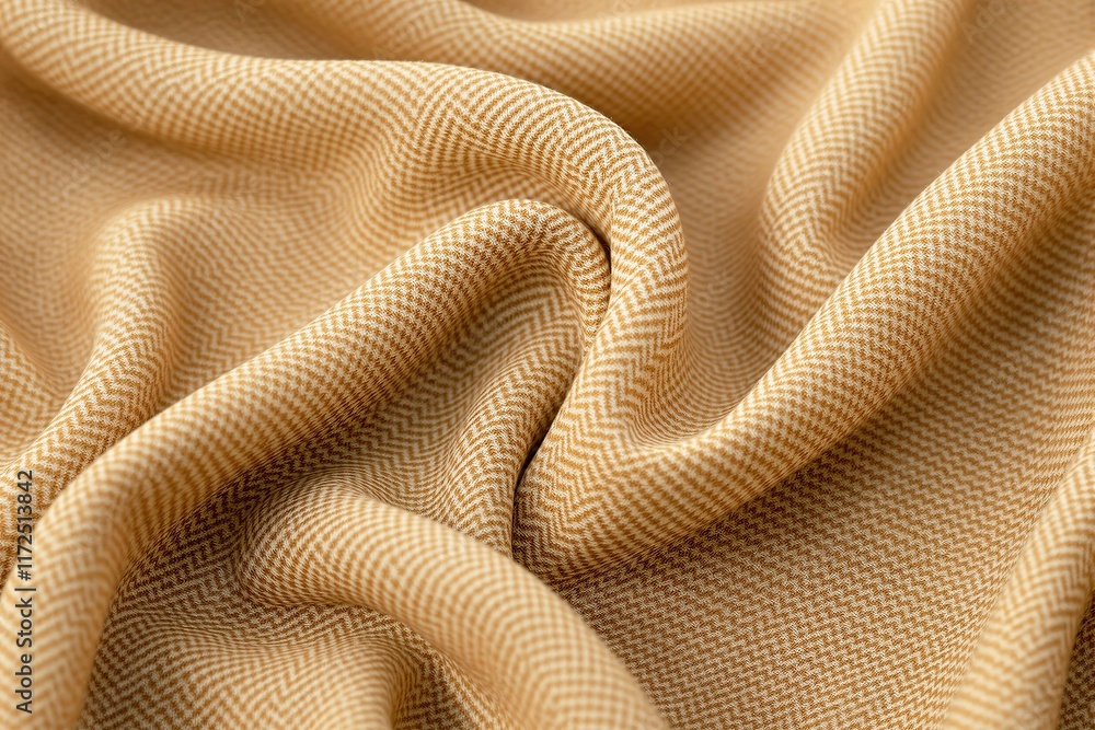 Poster close-up of beige herringbone-textured fabric with intricate patterns, soft folds, and wrinkles. neu