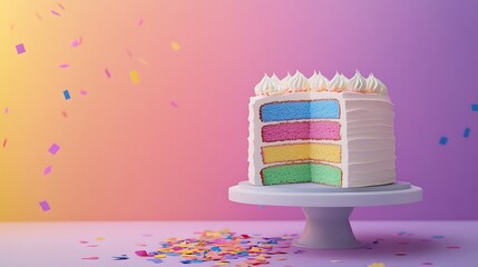 A colorful layered cake slice on a stand with confetti