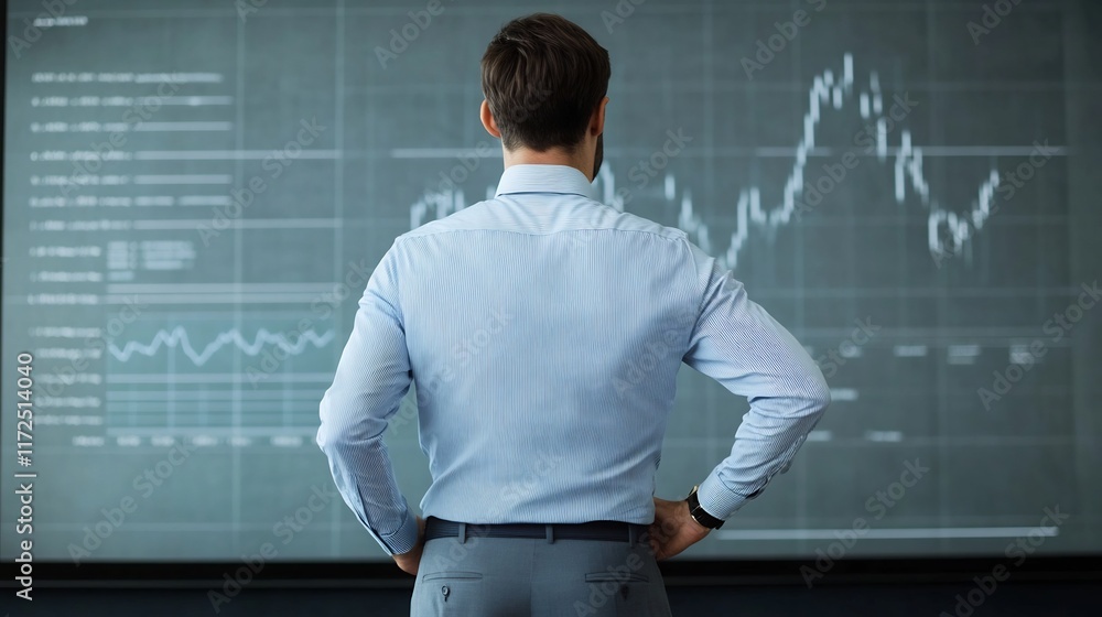 Poster businessman analyzing virtual data trends on large display screen