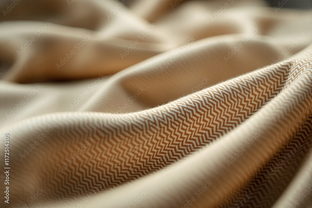Poster beige fabric with a zigzag pattern and soft folds in a close-up view on a blurred background. textil