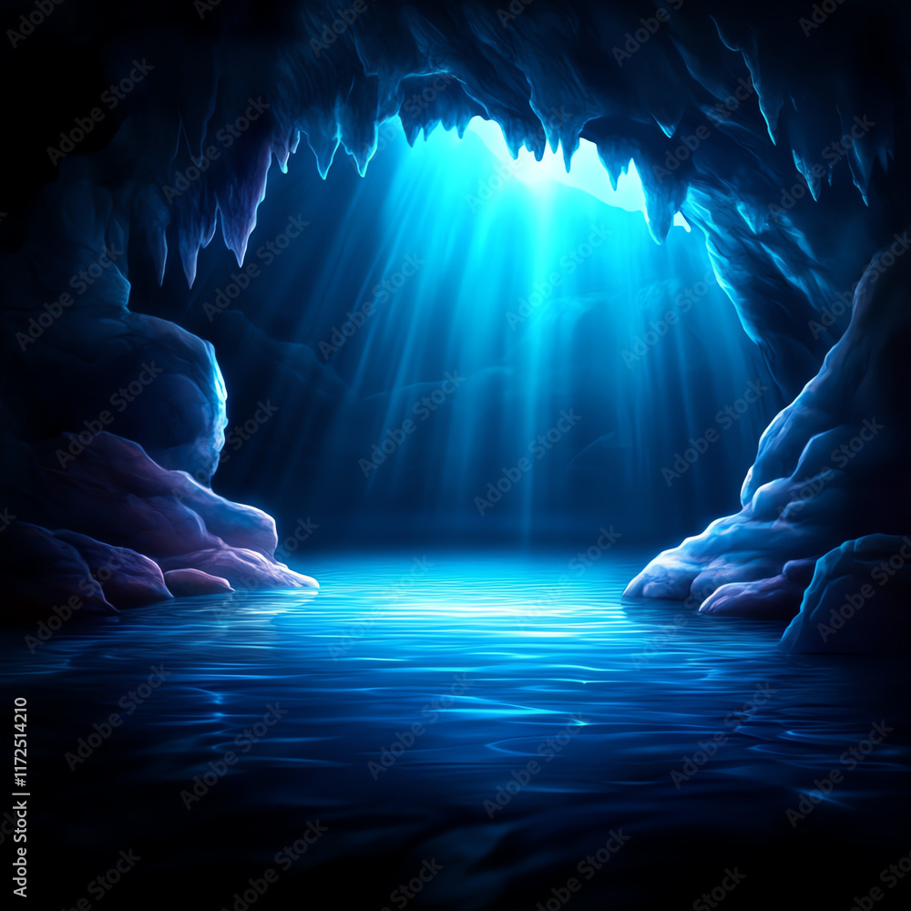 Poster a serene cave with shimmering blue water illuminated by soft light, creating a tranquil and mystical