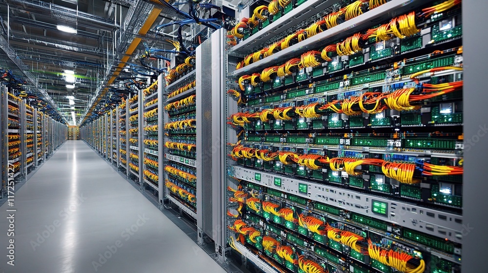 Aufkleber high-tech data center with server racks and colorful cables