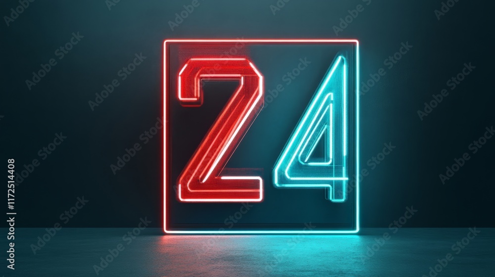 Poster Neon Sign with the Number 24 Glowing in Bright Neon Lights Against a Dark Background, Creating a Modern and Dynamic Atmosphere for Creative Projects