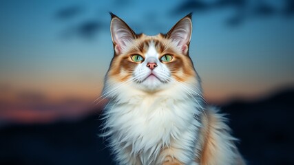 A regal ragdoll cat with striking heterochromia iridis gazes serenely into the distance against a breathtaking sunset backdrop.