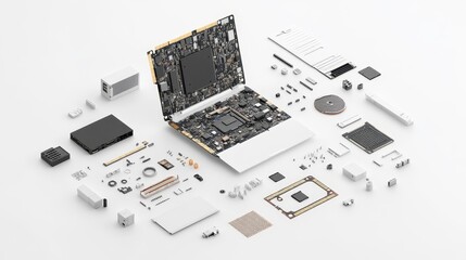 Detailed Exploded View of Laptop Components on White Background Showcasing Technology and Hardware Elements for Educational and Informational Purposes