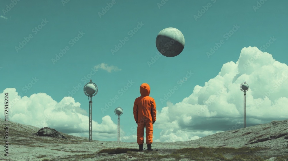 Poster surreal landscape with astronaut, floating spheres, and alien structures.