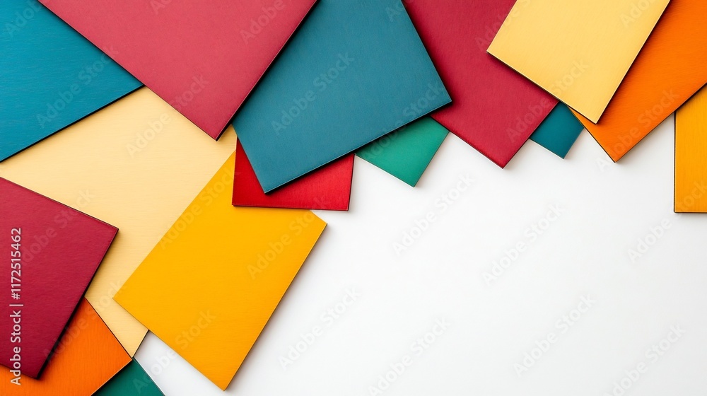 Poster overlapping colorful geometric shapes creating a dynamic design on a white background