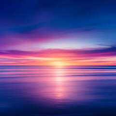 Obraz premium A serene sunset over calm waters, featuring vibrant hues of purple and pink reflecting on the surface, offering a sense of tranquility.