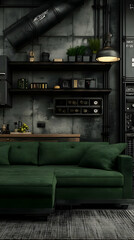 Industrial Loft 3D Render Green Sofa