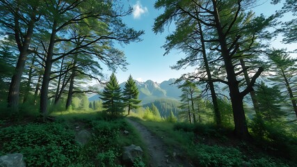 A serene mountain vista is framed by lush green trees, a dirt path leading into the picturesque scene, inviting exploration and tranquility.