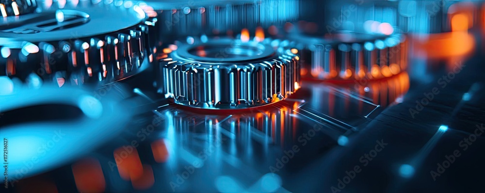 Poster metallic abstract background idea. close-up of mechanical gears with glowing lights, representing in