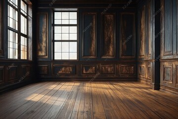 stock photo features a realistic- vintage interior with darkened wooden walls and floors- creating an empty room with an aged- textured surface