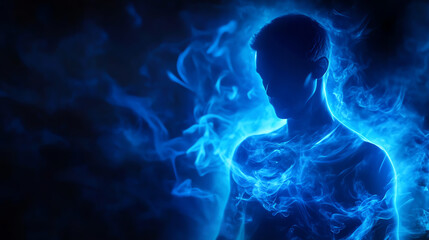 A silhouette of a person enveloped in ethereal blue smoke, representing inner thoughts and emotions in a captivating visual.