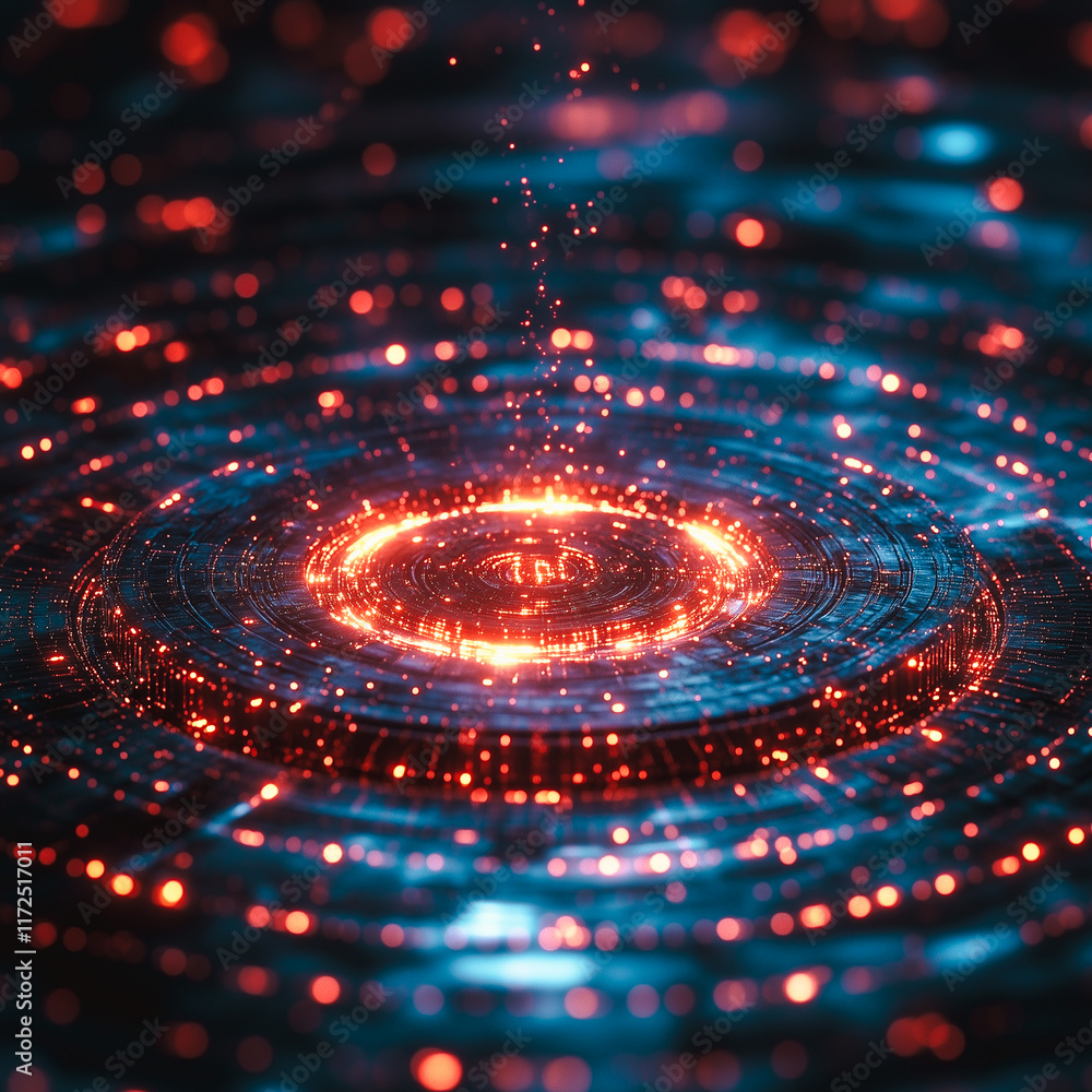 Poster cybernetic core: abstract digital art depicting a glowing, pulsating core of energy with concentric 