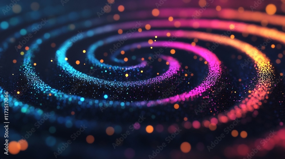 Poster captivating concentric spiral patterns of vibrant dotted gradients on dark background
