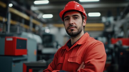 Confident Male Worker in Red Helmet and Orange Overalls in Modern Manufacturing Workshop Environment