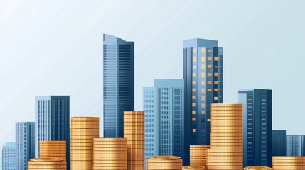 Obraz premium Abstract business background with modern skyscrapers, financial growth, and stacked coins symbolizing investment, wealth, and corporate finance in a dynamic urban setting.