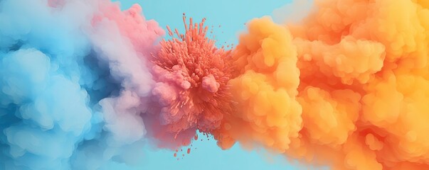 Fototapeta premium Splash abstract background idea. A vibrant explosion of colorful smoke against a blue background, creating dynamic visuals.