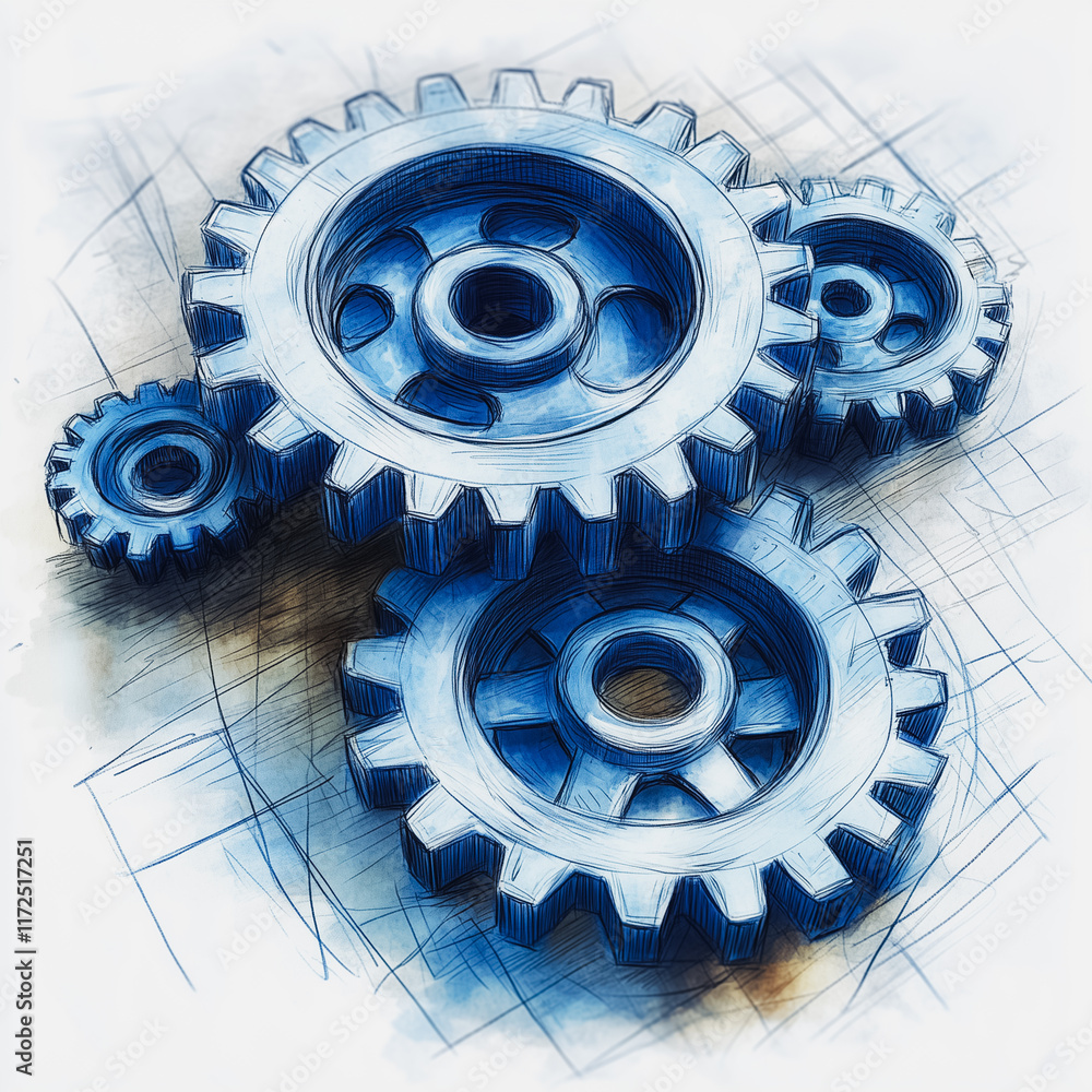 Poster interlocking gears: a close-up shot of four intricate metal gears, meticulously drawn in a blueprint