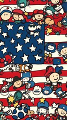 Fototapeta premium Cartoon Characters Celebrate American Flag With Stars