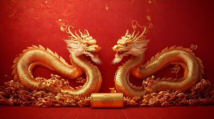 Obraz premium Golden Dragon Statue, a majestic symbol of Chinese culture, adorns the temple wall a mythical symbol of power and good fortune, swirling amongst delicate flowers and oriental ornaments